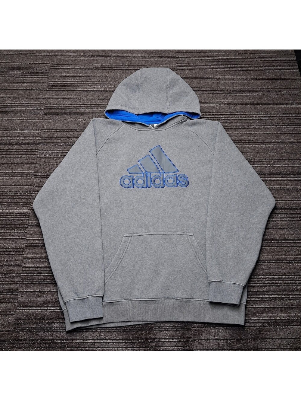 Adidas Mens XL Gray Blue Pullover Hoodie Logo Fleece Sweatshirt Athletic